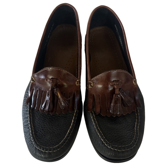 GH Bass Weejuns Tassel Loafers Mens 9.5 Black Brown Pebbled Leather Slip On Shoe - Picture 1 of 16